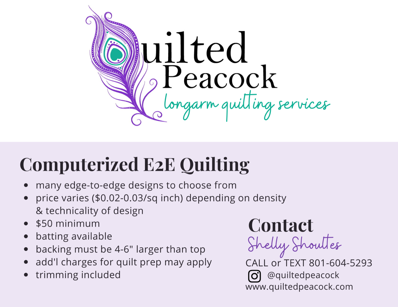 Computerized longarm quilting in progress on a Quilted Peacock quilt
