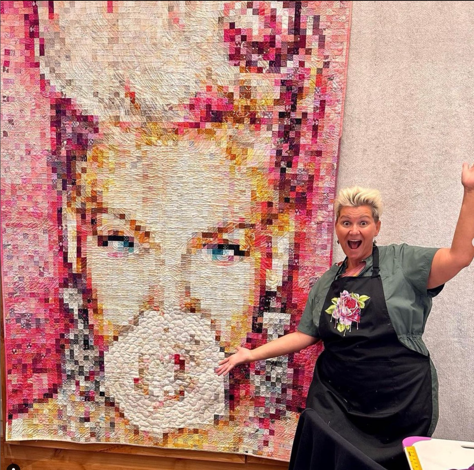 Finished pixelated portrait quilt by Quilted Peacock